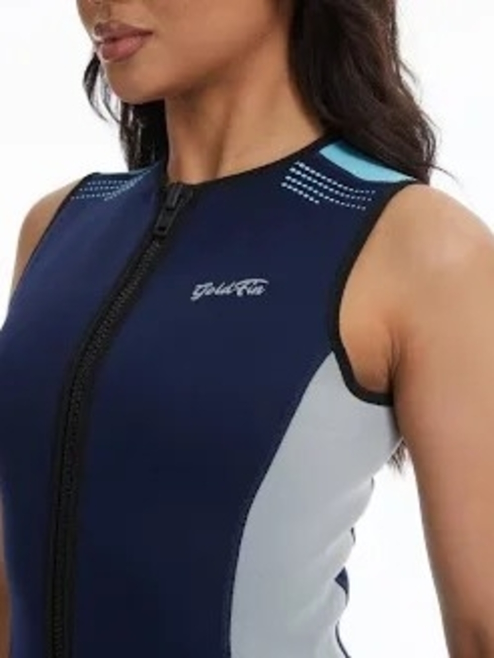 GOLD FIN Navy & Light Blue Front-Zip Women's Top Neoprene One-Piece Size 4XL